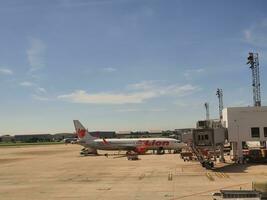Bangkok, Thailand on July 9, 2023. Thai Lion Air airplane on the apron of Don Mueang International Airport. photo