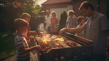 Young family is grilling at the barbecue photo