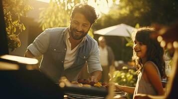 Young family is grilling at the barbecue photo