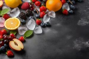 Fresh Fruits with Ice Cubes on Chalk Background. Ai generative photo