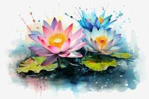 Watercolor Lotus Flowers Painting Art. Ai generative photo