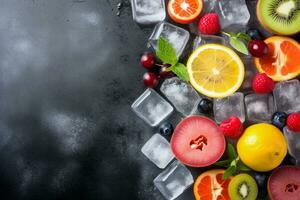 Fresh Fruits with Ice Cubes on Chalk Background. Ai generative photo