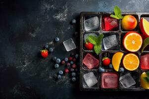 Fresh Fruits with Ice Cubes on Chalk Background. Ai generative photo