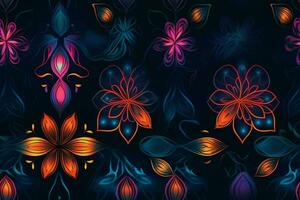 Glowing Flowers Seamless Pattern. Ai generative photo