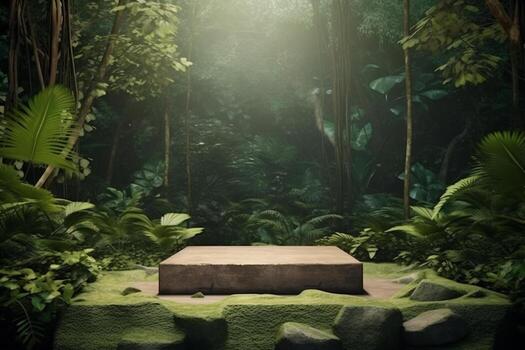 Podium In Forest. Ai generative photo