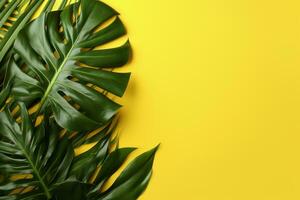 Tropical Leaves on Yellow Background. Ai generative photo