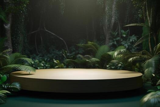 Podium In Forest. Ai generative photo