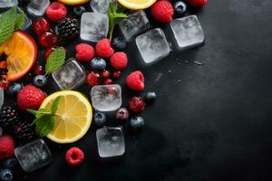 Fresh Fruits with Ice Cubes on Chalk Background. Ai generative photo