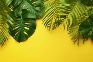 Tropical Leaves on Yellow Background. Ai generative photo