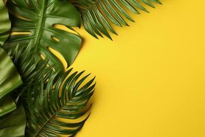 Tropical Leaves on Yellow Background. Ai generative photo