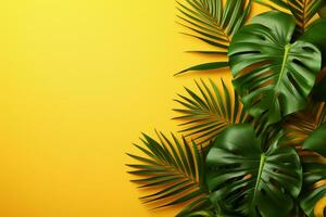 Tropical Leaves on Yellow Background. Ai generative photo
