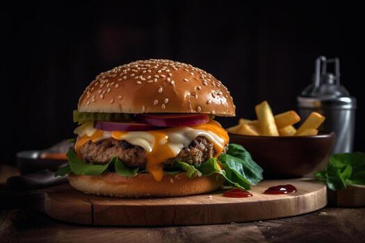 Burger with French Fries. Ai generative photo