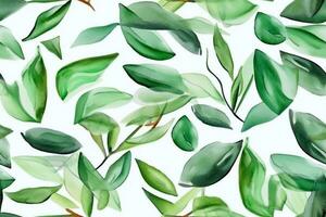 Watercolor Green Leaves Seamless Pattern. Ai generative photo