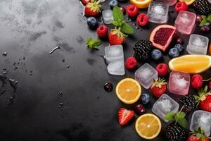 Fresh Fruits with Ice Cubes on Chalk Background. Ai generative photo