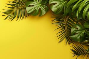 Tropical Leaves on Yellow Background. Ai generative photo