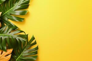 Tropical Leaves on Yellow Background. Ai generative photo