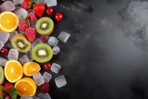 Fresh Fruits with Ice Cubes on Chalk Background. Ai generative photo