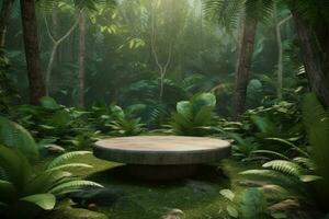 Podium In Forest. Ai generative photo