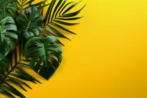 Tropical Leaves on Yellow Background. Ai generative photo
