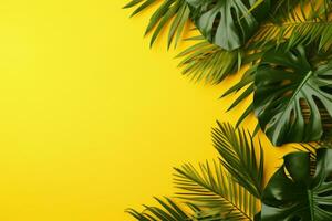 Tropical Leaves on Yellow Background. Ai generative photo