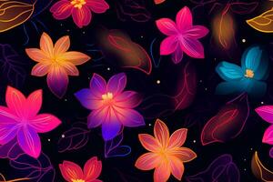 Glowing Flowers Seamless Pattern. Ai generative photo