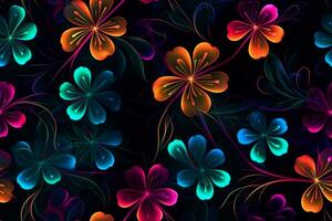 Glowing Flowers Seamless Pattern. Ai generative photo