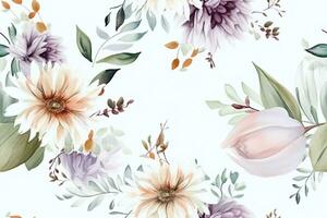 Watercolor Flowers Seamless Pattern. Ai generative photo