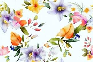 Watercolor Flowers Seamless Pattern. Ai generative photo