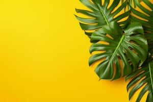 Tropical Leaves on Yellow Background. Ai generative photo