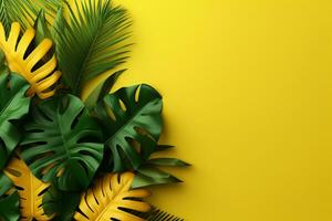 Tropical Leaves on Yellow Background. Ai generative photo