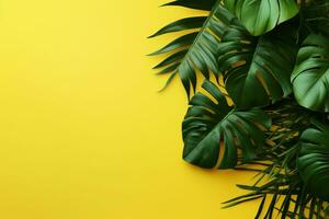 Tropical Leaves on Yellow Background. Ai generative photo