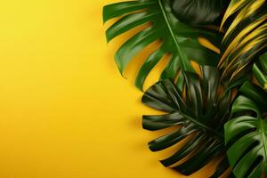 Tropical Leaves on Yellow Background. Ai generative photo