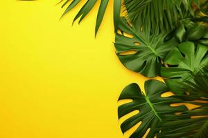Tropical Leaves on Yellow Background. Ai generative photo