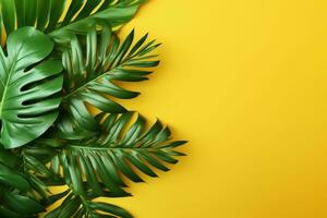 Tropical Leaves on Yellow Background. Ai generative photo