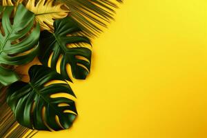 Tropical Leaves on Yellow Background. Ai generative photo