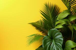 Tropical Leaves on Yellow Background. Ai generative photo