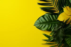 Tropical Leaves on Yellow Background. Ai generative photo