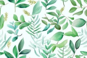 Watercolor Green Leaves Seamless Pattern. Ai generative photo