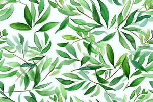 Watercolor Green Leaves Seamless Pattern. Ai generative photo