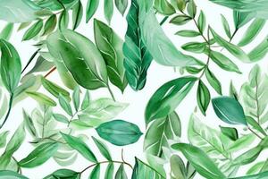 Watercolor Green Leaves Seamless Pattern. Ai generative photo