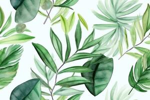 Watercolor Green Leaves Seamless Pattern. Ai generative photo