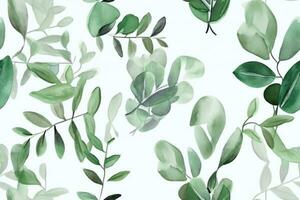 Watercolor Green Leaves Seamless Pattern. Ai generative photo