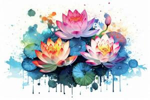 Watercolor Lotus Flowers Painting Art. Ai generative photo