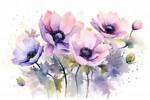Watercolor Anemone Flowers Painting Art. Ai generative photo
