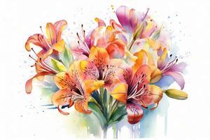Watercolor Alstroemeria Flowers Painting Art. Ai generative photo