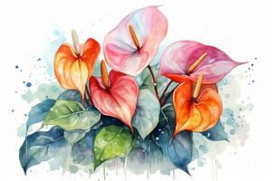 Watercolor Anthurium Flowers Painting Art. Ai generative photo