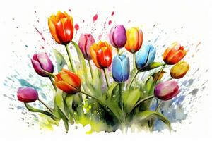 Watercolor Tulip Flowers Painting Art. Ai generative photo