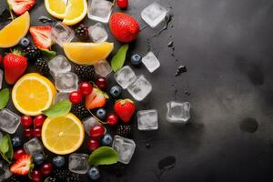 Fresh Fruits with Ice Cubes on Chalk Background. Ai generative photo