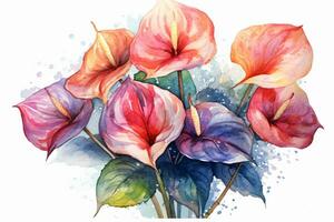 Watercolor Anthurium Flowers Painting Art. Ai generative photo