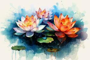 Watercolor Lotus Flowers Painting Art. Ai generative photo